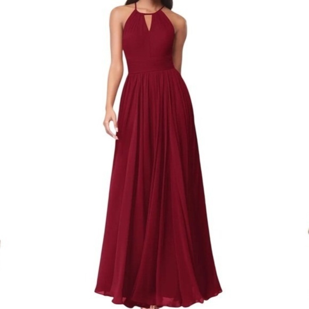 Azazie Halter Chiffon Maxi Dress Sz‎ A4 Burgundy Formal Gown Brides Maid Wedding